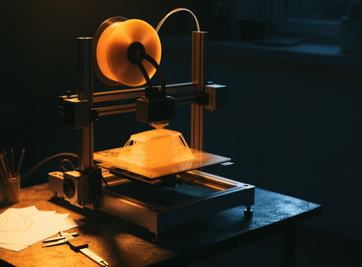 Desktop 3D printer mid-print glowing warm amber in a dark workshop