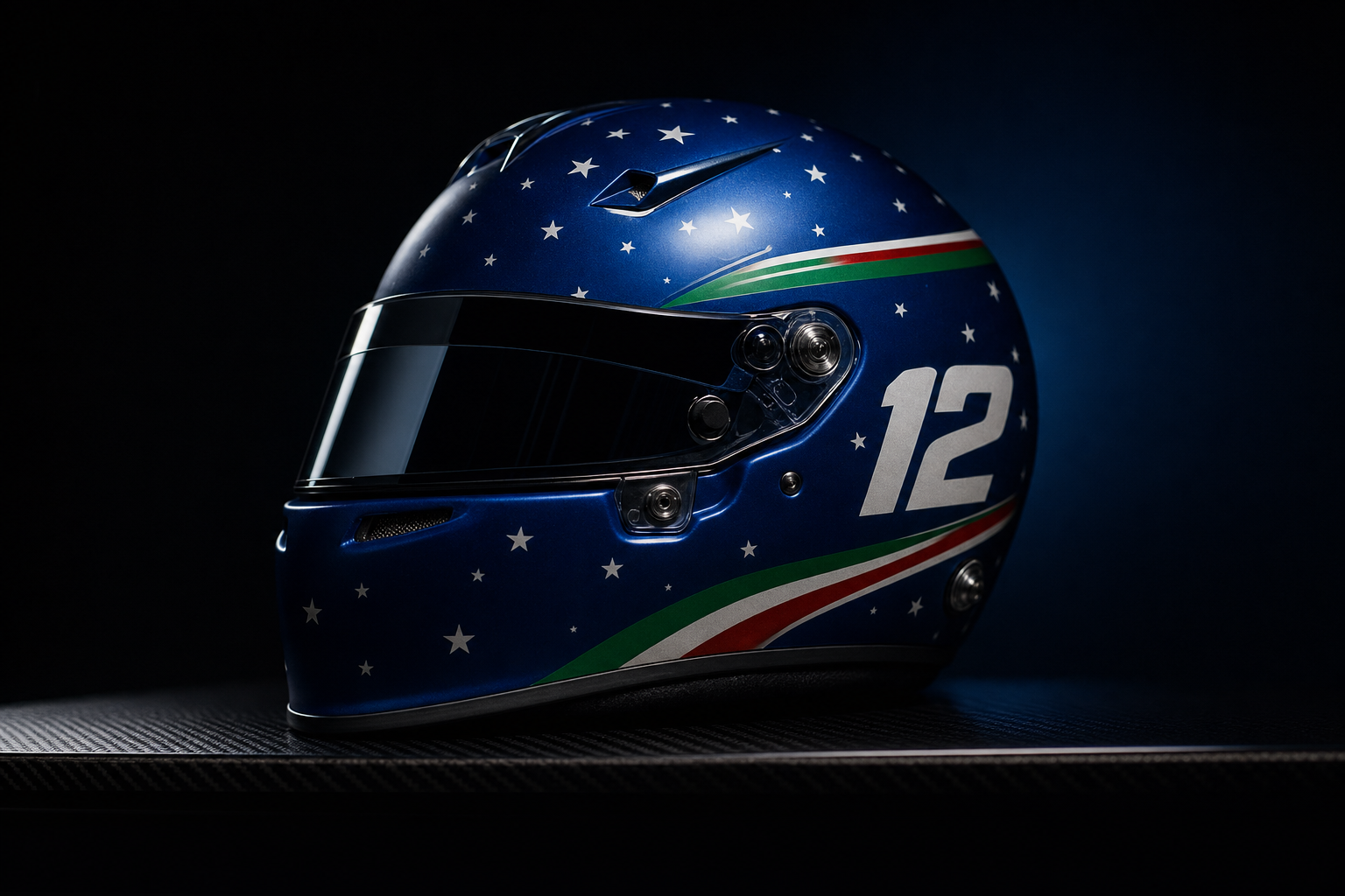 Kimi Antonelli's Savoy blue racing helmet with white stars, Italian tricolore stripes and the number 12