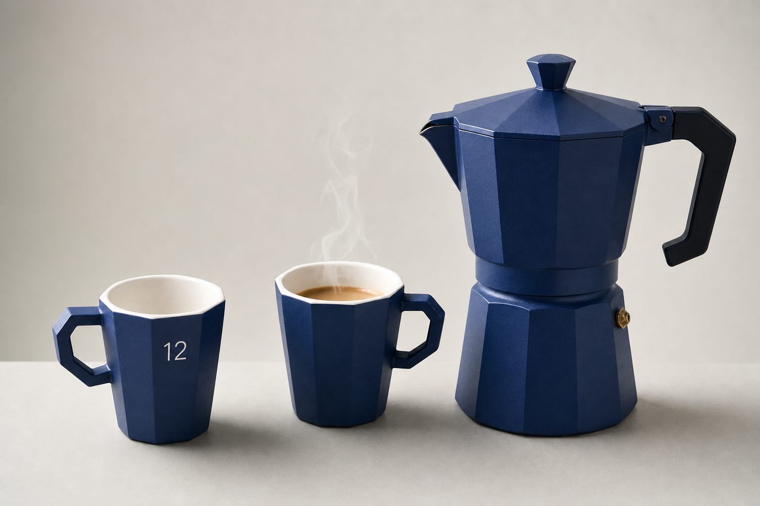 Savoy blue octagonal moka pot with two matching espresso cups, one marked 12