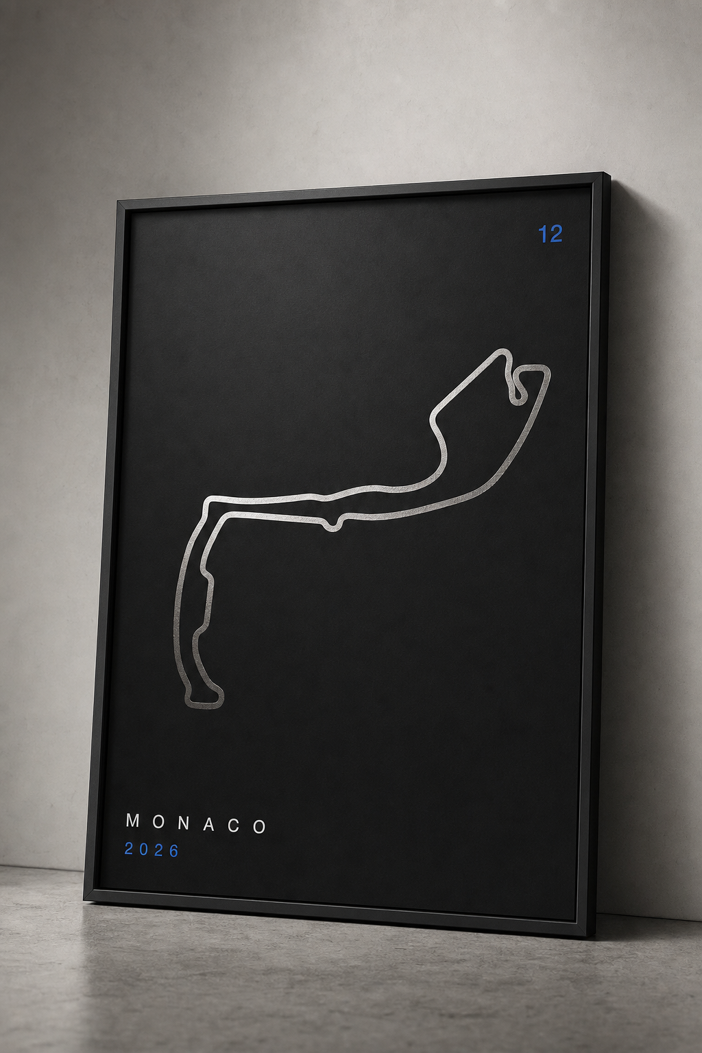 Framed black art print of the Monaco circuit traced in silver foil