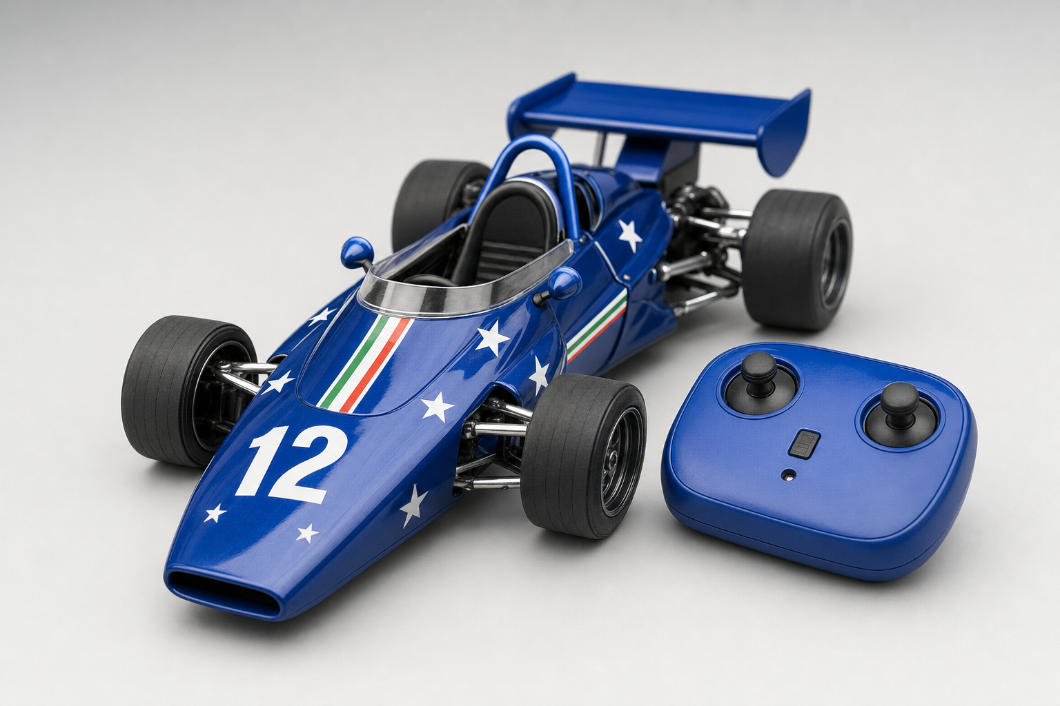 1:18 scale Savoy blue remote control open-wheel car with stars and number 12, with matching controller