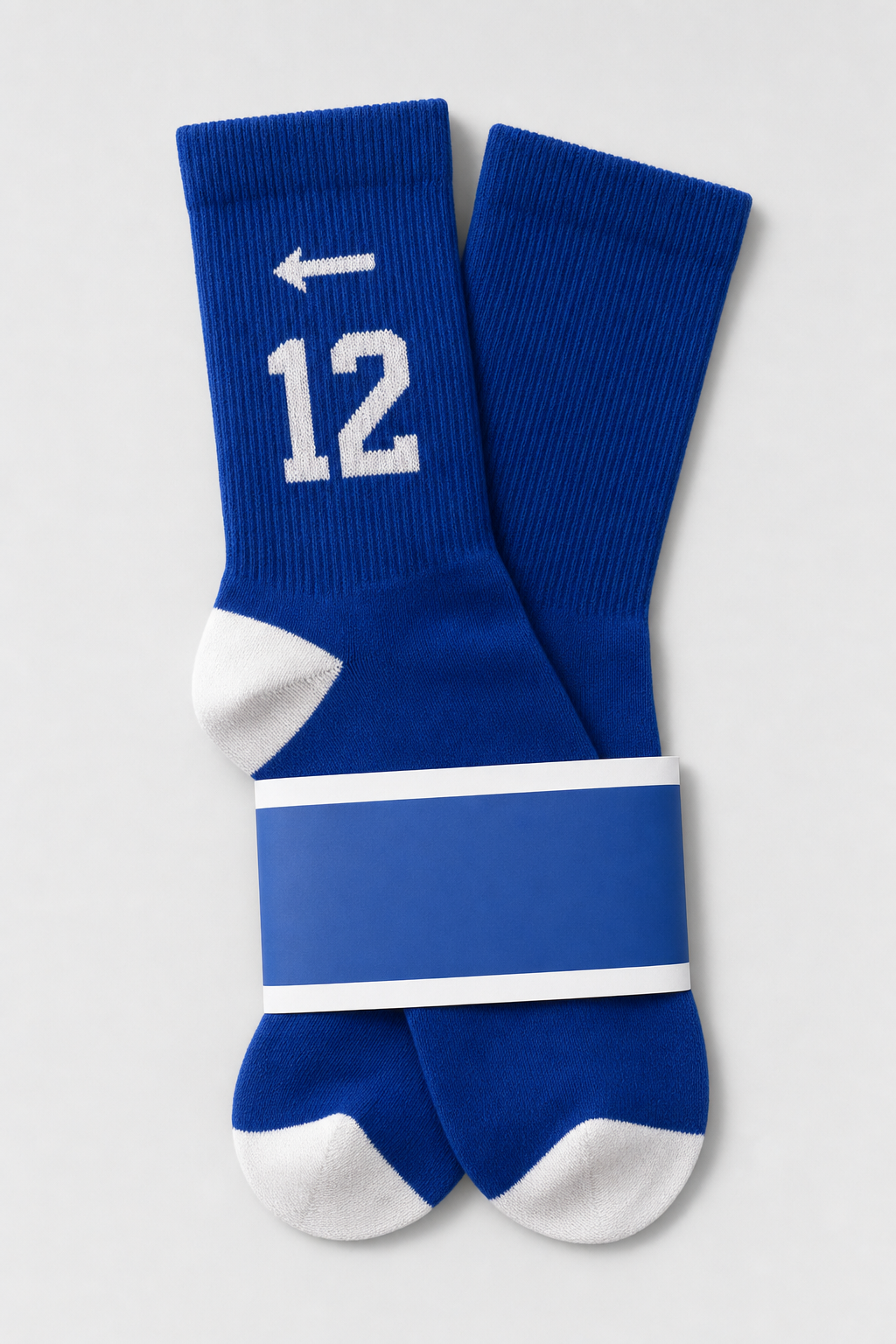 Royal blue crew socks, the left sock marked with a 12 and an arrow pointing left