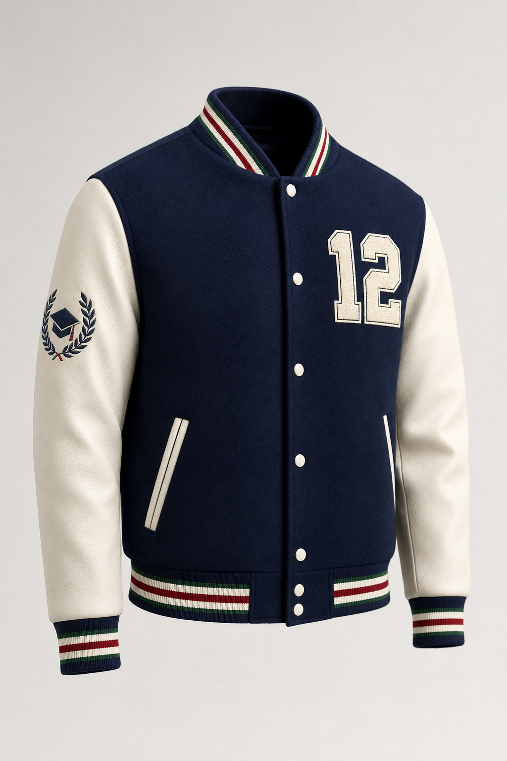 Navy varsity jacket with cream leather sleeves, chenille 12 patch and tricolore trim