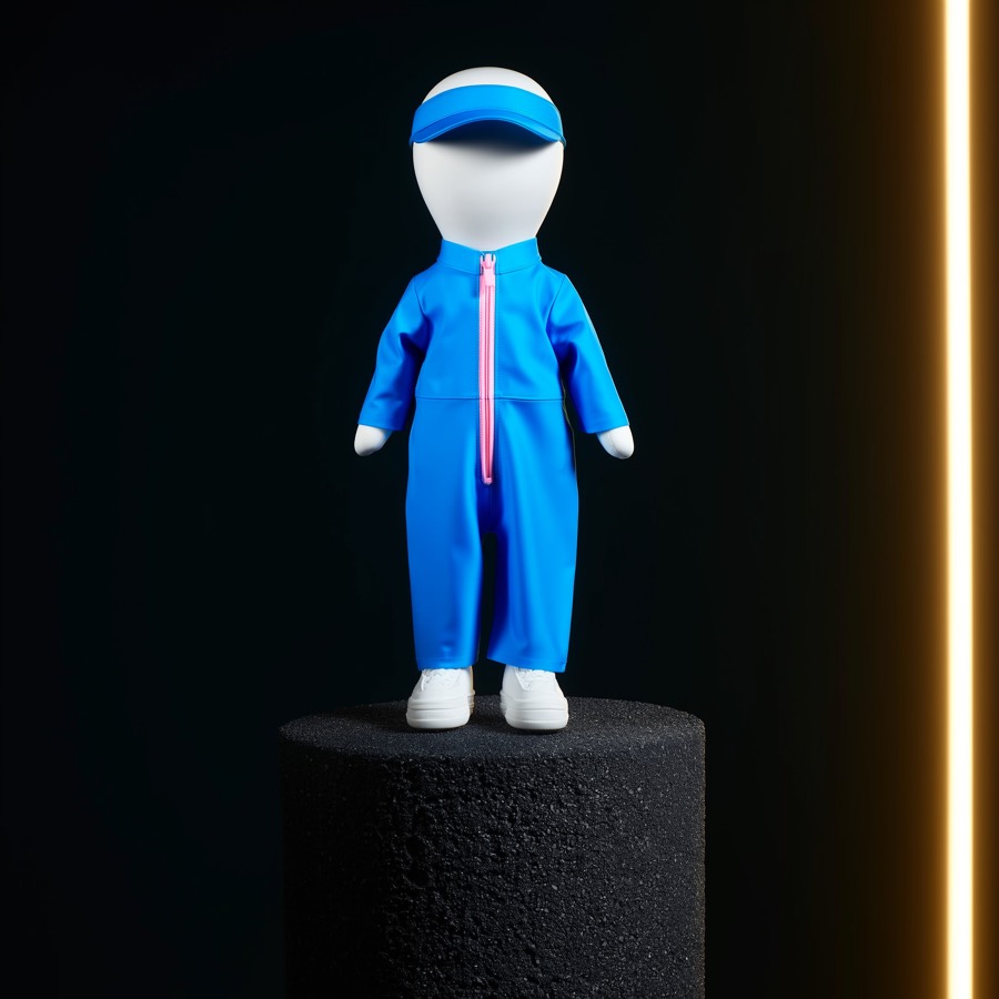 Bleu racing fit on a plush mannequin