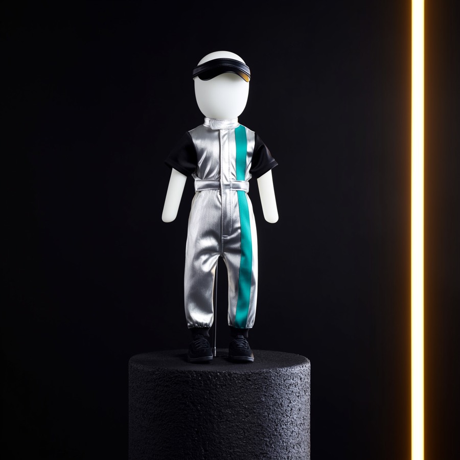 Silver racing fit on a plush mannequin