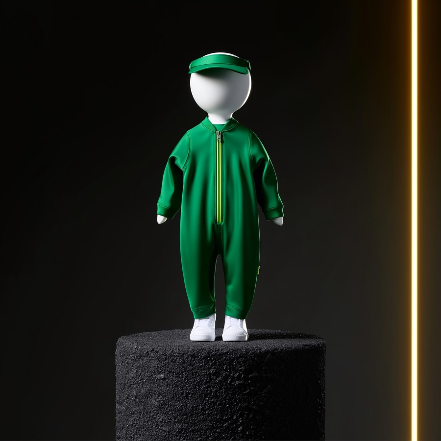 Verde racing fit on a plush mannequin